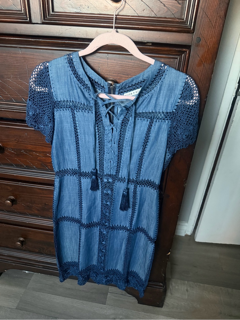 Alice + Olivia Navy Indigo Crochet-Trim Short Dress